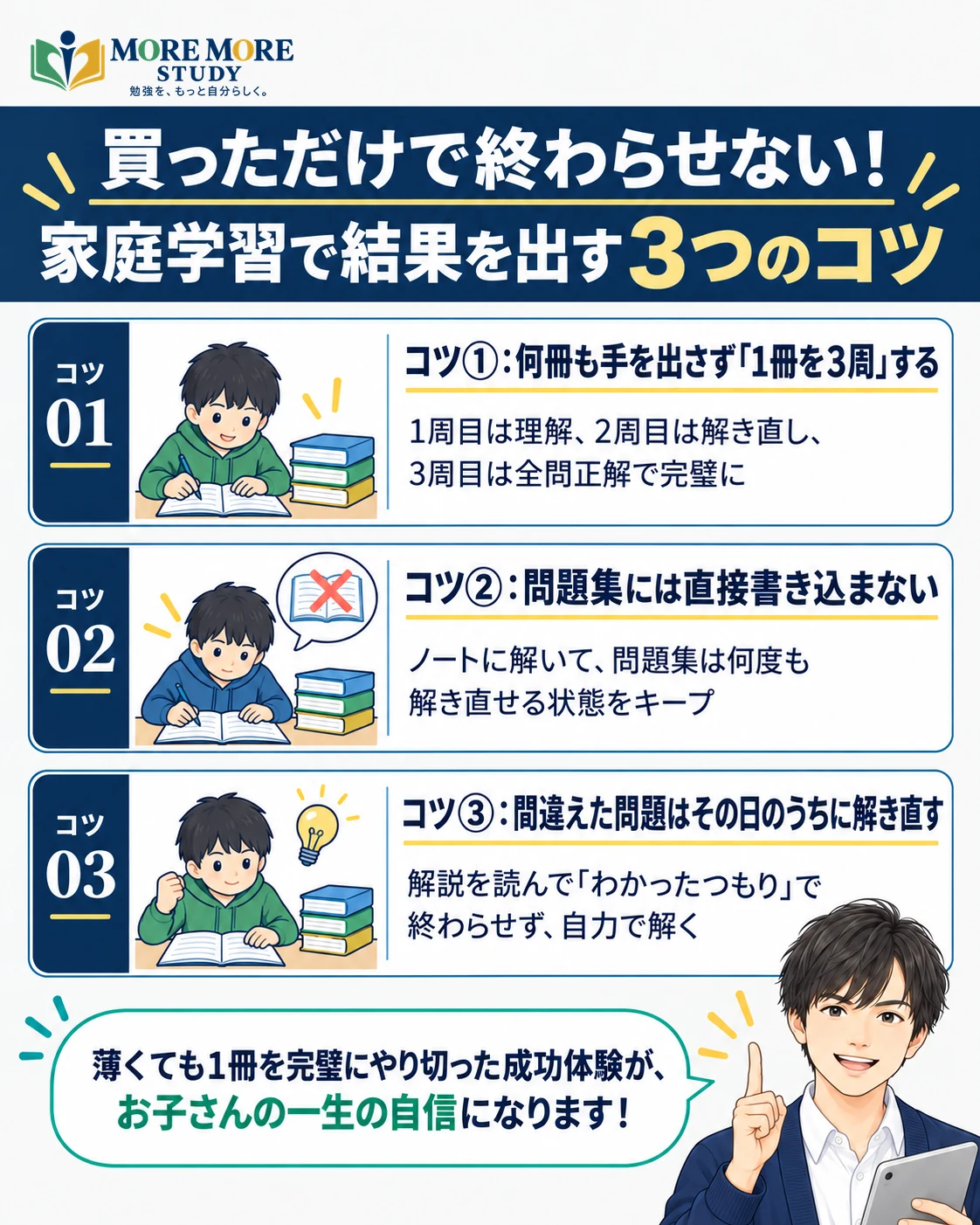 中学生が家庭学習で失敗しない問題集の使い方3つのコツの要約インフォグラフィック